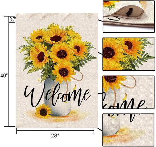 Miniatura 4 de Hexagram Bandera de verano para casa, bandera de jardín de bienvenida de girasol de 28 x 40 pulgadas, banderas de arpillera de temporada al aire
