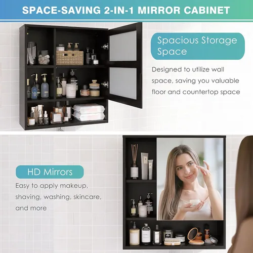Miniatura 7 de SMIBUY Armario de espejo de baño montado en la pared, botiquín de bambú para ahorrar espacio, gabinete de almacenamiento para colgar en la pared