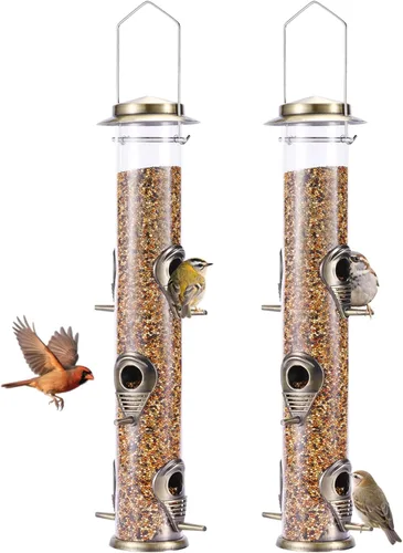 Miniatura 12 de MIXXIDEA 1PK Alimentadores de pájaros metálicos con 6 puertos de alimentación, alimentador de pájaros de tubo con colgador de acero, alimentador