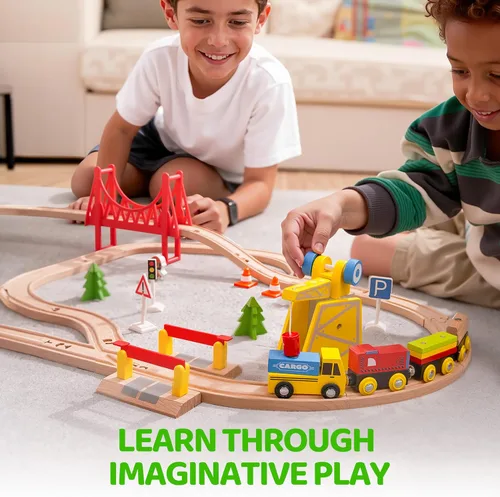 Miniatura 7 de Juego de trenes de madera de 60 piezas, trenes magnéticos de juguete con pista de madera para niños de 3 a 8 años, juego de tren de grúa