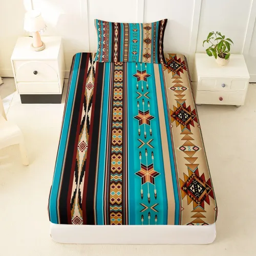 Miniatura 33 de Juego de ropa de cama de estilo bohemio occidental, tamaño individual, diseño de vaca atrapasueños, sábana bajera ajustable del suroeste, tribu