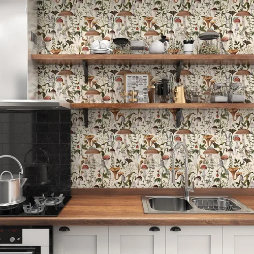 Miniatura 5 de Papel tapiz de hongos para despegar y pegar, estilo bohemio, 17.7 x 78.8 pulgadas, autoadhesivo, extraíble, papel de pared removible, papel
