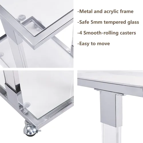 Miniatura 5 de Mesa auxiliar de cristal plateado, mesas auxiliares cromadas en forma de C con ruedas móviles, mesa acrílica, mesa C deslizante, debajo del sofá