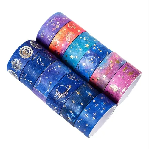 Miniatura 7 de Juego de 12 rollos de cinta adhesiva Galaxy Washi, cinta adhesiva decorativa de lámina dorada para álbumes de recortes, diario, planificador, Galaxy