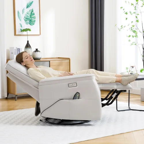 Miniatura 3 de Silla reclinable para adultos, mecedora eléctrica de piel sintética para masaje y calor, silla reclinable giratoria de gran tamaño con puertos USB