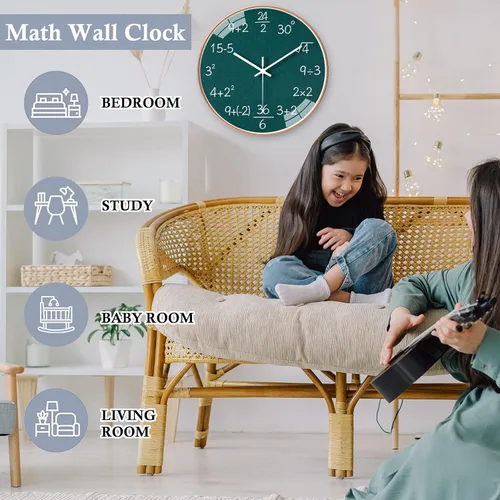Miniatura 5 de QINFIEY Reloj de pared de matemáticas de 12 pulgadas con movimiento silencioso sin tictac, reloj de pared de cuarzo de calidad para oficina, aula