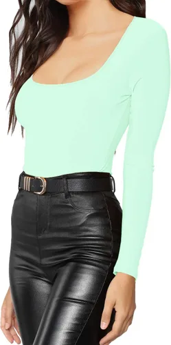 Miniatura 150 de MANGDIUP Body esencial para mujer, cuello redondo, manga larga, ajustado, elástico, de algodón y elastano