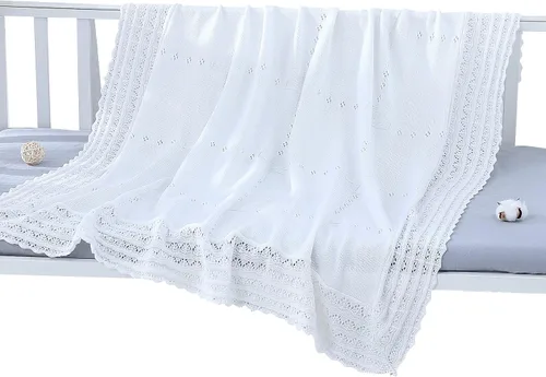 Miniatura 8 de Booulfi Manta de bebé, manta blanca para recepción, bautizo, toalla para recién nacidos, niños y niñas, manta térmica de algodón blanco