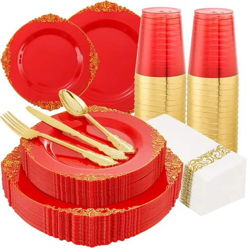 Morejoy 175 platos de plástico rojo, platos desechables rojos con borde dorado, juego de vajilla de plástico rojo y dorado incluye: 50 platos, 25
