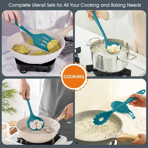 Miniatura 4 de E-far - Juego de utensilios de cocina de silicona azul turquesa, 15 piezas con soporte, utensilios de cocina antiadherentes y resistentes al calor