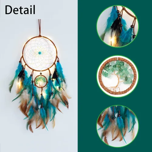 Miniatura 2 de Atrapasueños Árbol de la Vida Azul con Plumas, Luces de Hadas LED Móviles Hechas a Mano Tradición India Red Circular para Decoración Colgante