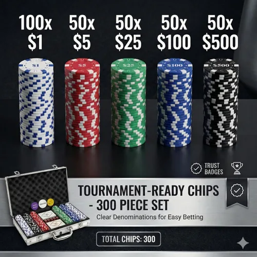 Miniatura 3 de HEITOK Juego de fichas de póquer con denominaciones, 300 piezas de 11.5g con números, fichas de casino con 2 barajas, 5 dados y estuche compacto