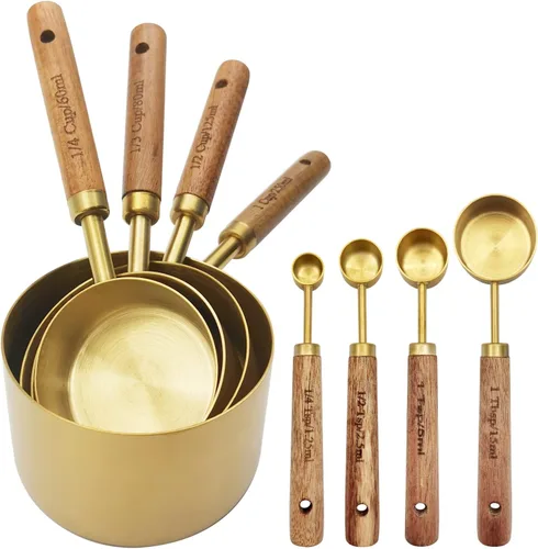 Juego de tazas medidoras y cucharas doradas con mango de madera fragante, tazas medidoras, cucharas medidoras de metal y taza medidora para cocinar