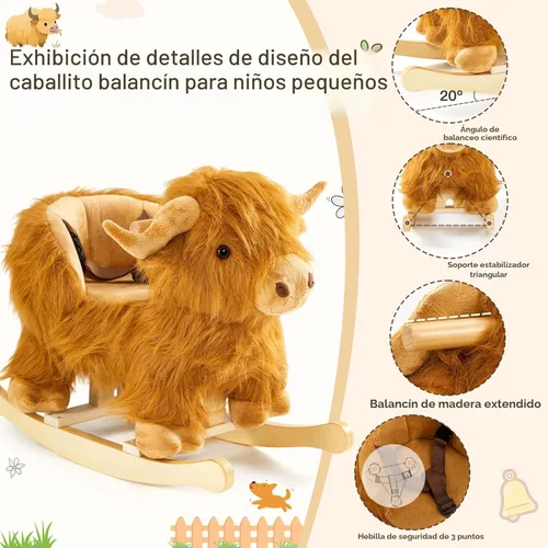 Miniatura 4 de Caballo mecedora bebé, caballo de madera de ganado Highlander para niños de 1 año lindo vaca de peluche suave cabalgadura juguete mecedora animal