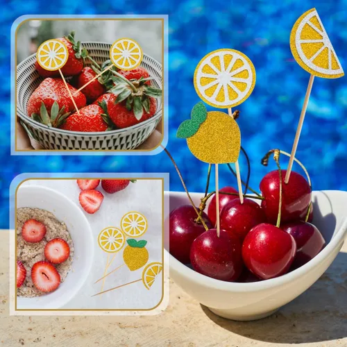Miniatura 6 de PRETYZOOM 36 piezas de decoración de cóctel de limón para cupcakes de limón, decoración de frutas, fiesta temática de postre, palillos de dientes