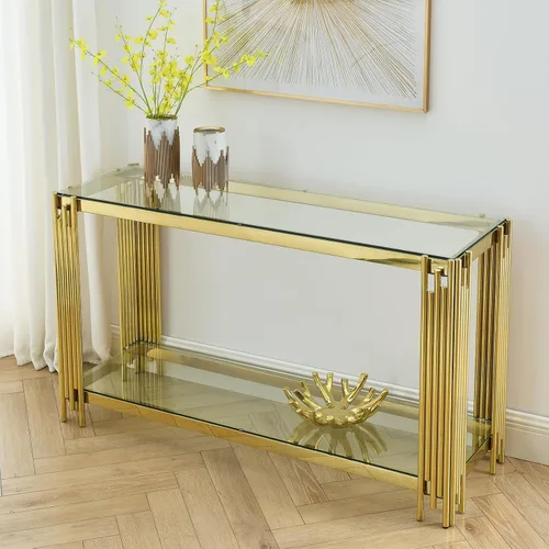 Miniatura 16 de SSLine Mesa consola moderna de lujo, mesa rectangular de cristal para entrada de pasillo, sala de estar, almacenamiento de 2 niveles, diseño