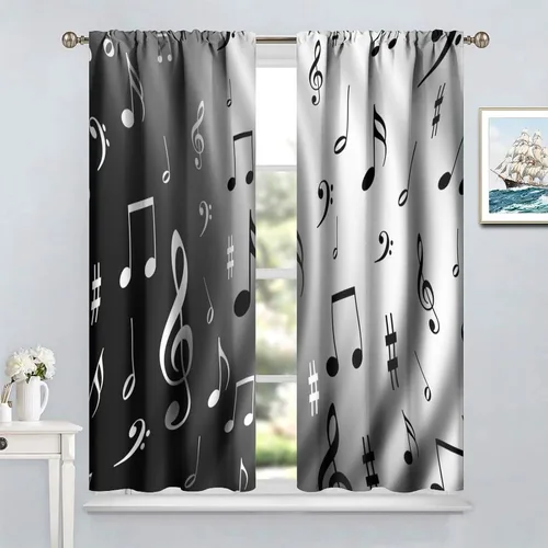 Miniatura 4 de Cortinas de ventana de música, notas musicales blancas y negras, tratamiento de ventana de patrón abstracto para dormitorio, sala de estar, Music-3