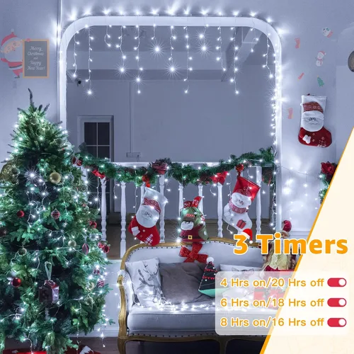 Miniatura 9 de Ollny Luces de Carámbano para Exteriores Blanco Frío, 600LED 49FT Luces de Navidad con Control Remoto 8 Modos Regulables, Impermeable Conectable