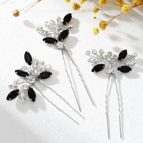 Miniatura 2 de Unicra Horquillas para el pelo de cristal negro plateado con diamantes de imitación, piezas de pelo de novia, accesorios para novias y mujeres