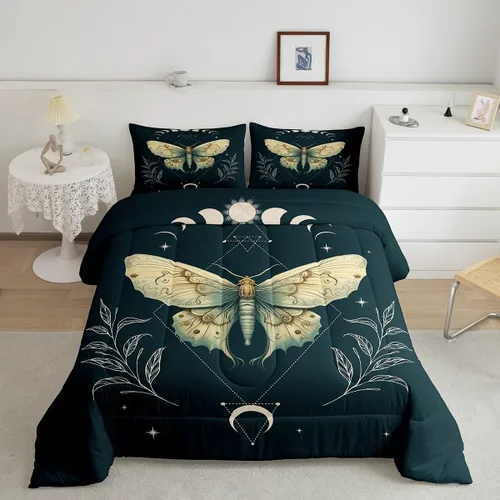 Miniatura 15 de Erosebridal Juego de ropa de cama de calavera gótica, flores mandala, mariposa hippie para niñas y niños, edredón de esqueleto de la muerte de Negro