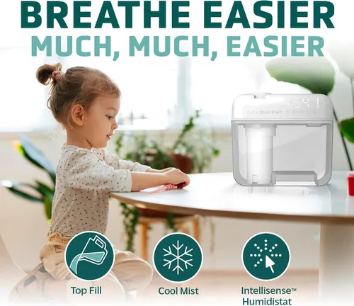 Miniatura 3 de PureGuardian Humidificador ultrasónico de niebla fría de 1 galón, tiempo de funcionamiento de 48 horas, calas de 410 pies cuadrados, humidistato
