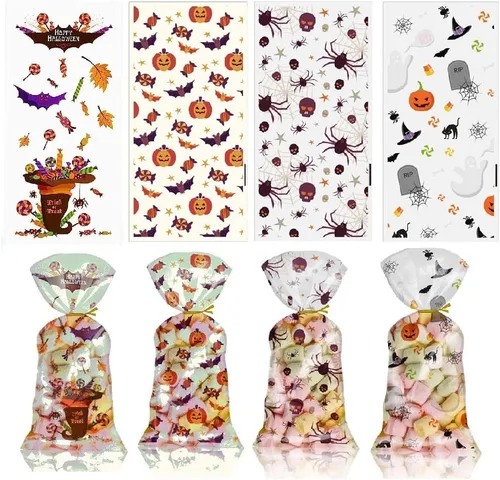 Ai-Fun Paquete de 100 bolsas de celofán de plástico para dulces, paquete de regalo, bolsa de regalo con lazos giratorios para Halloween, Navidad,