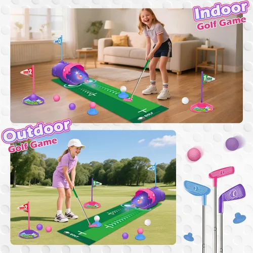 Miniatura 4 de TERRAMUS Juego de golf para niños con dinosaurio de retorno automático de golf, bolas de golf nocturnas con luz LED, 3 palos, alfombra de putt, 3-8