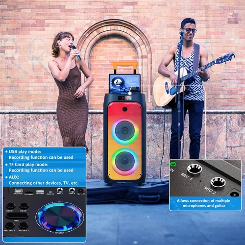 Miniatura 5 de HWWR Máquina de karaoke con 2 micrófonos inalámbricos, gran altavoz Bluetooth para fiestas con 500 W de potencia pico para adultos, sistema PA