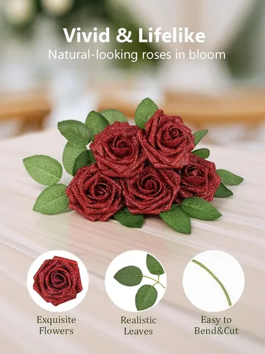 Miniatura 317 de N&T NIETING Flores artificiales, rosas artificiales de color rosa intenso, 50 piezas de flores falsas con tallo para ramos de boda DIY, centros