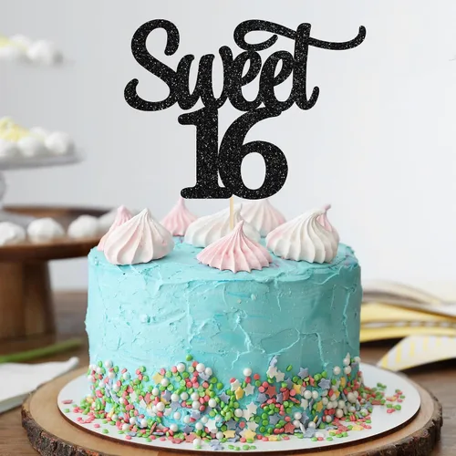 Miniatura 6 de Gyufise 1 decoración para tartas de 16 años con purpurina negra para cumpleaños de 16 años, decoración para felicitaciones a 16 años de edad