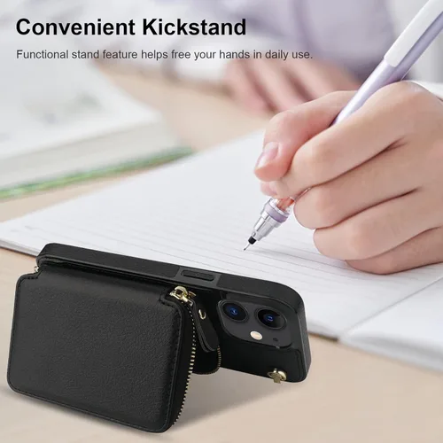 Miniatura 6 de Bocasal Funda tipo cartera cruzada para iPhone 12/12 Pro, funda de piel con bloqueo RFID y soporte para tarjetas, funda protectora con cremallera
