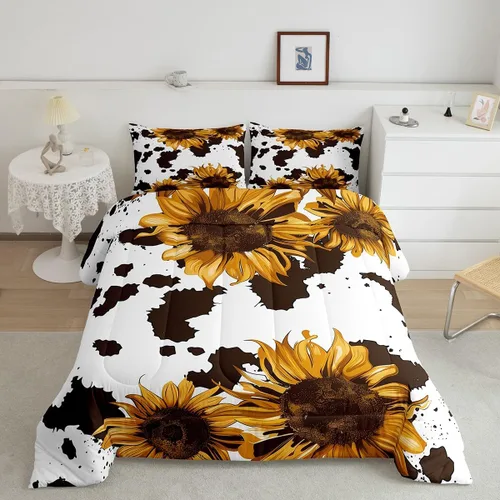 Miniatura 4 de Juego de edredón con estampado de vaca marrón para niñas y niños, edredón de plumón de piel de vaca de las tierras altas, ropa de cama de piel