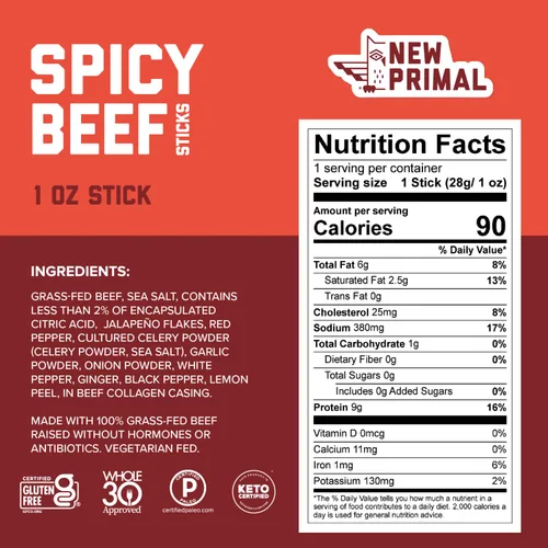 Miniatura 2 de The New Primal Palito de carne de res clásico, aprobado por Whole30, Paleo, Keto, básico de despensa, certificado sin gluten, bajo en carbohidratos