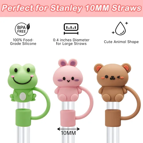 Miniatura 2 de 5 tapas de pajita para vaso Stanley, tapa de silicona con lindos animales para vaso Stanley de 30 y 40 oz con asa, puntas de pajita reutilizables a