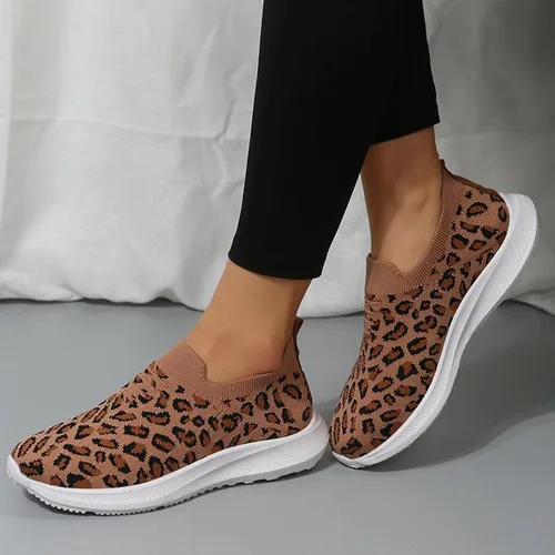 Miniatura 5 de Tenis de moda con estampado de leopardo para mujer, parte superior de malla elástica, transpirables, cómodos y ligeros, mocasines y sin cordones