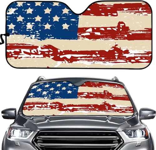 Showudesigns Cubierta de parabrisas de coche con bandera de Estados Unidos vintage para rayos UV, parasoles de acordeón para coche, protector de