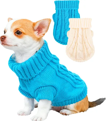 Miniatura 16 de 2 piezas de suéteres para perros con cuello alto de punto, suéter para Chihuahua y Yorkie, ropa para perros pequeños, trajes cálidos de invierno