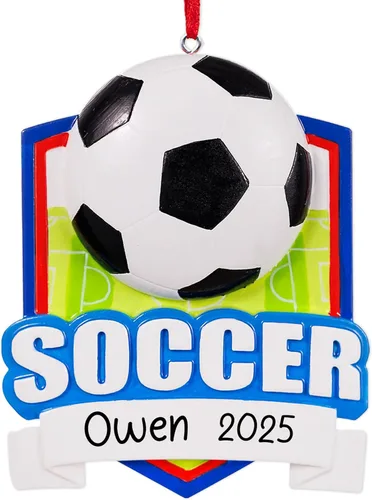 Miniatura 11 de Adorno Navideño Personalizado de Fútbol 2025 Pelota de Fútbol con Estrellas Doradas, Césped y Red de Portería para Árbol de Navidad - Regalo