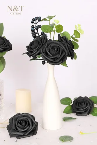 Miniatura 329 de N&T NIETING Flores artificiales, rosas artificiales de color rosa intenso, 50 piezas de flores falsas con tallo para ramos de boda DIY, centros
