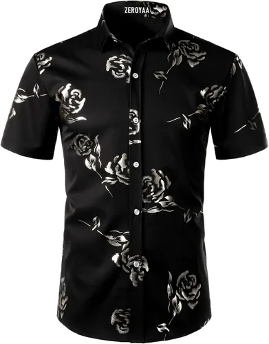 Miniatura 2 de ZEROYAA - Camisas de vestir de manga corta con estampado de rosa dorada para hombre, estilo hipster, calce ajustado, con botones