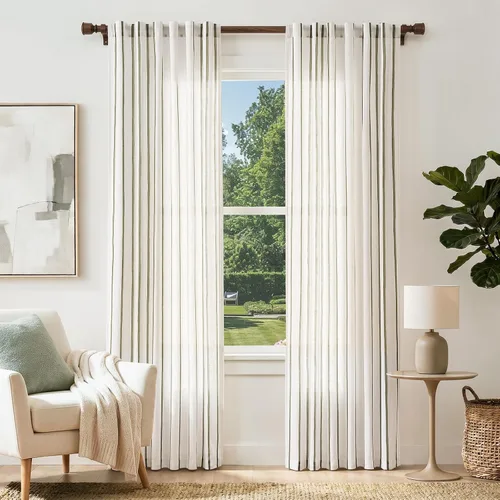Miniatura 25 de Vangao Cortinas de lino a rayas para sala de estar, dormitorio, casa rural con estampado de rayas de tictac, cortinas impresas con ojales