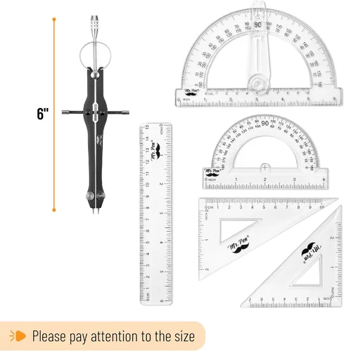 Miniatura 4 de Mr. Pen - Juego de geometría, 15 piezas, negro, transportador de brazo giratorio de 6 pulgadas, compás, escuadras, regla, compases y transportador