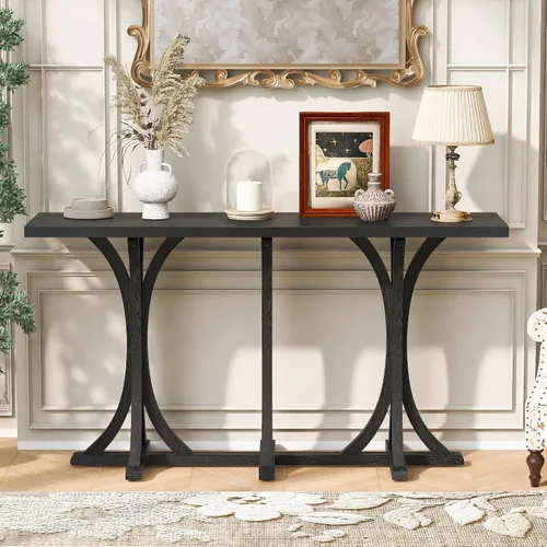 Mesa de consola de madera de 152 cm con tapa de chapa de roble y patas curvadas delgadas de madera de goma, elegante mesa de sofá para sala de