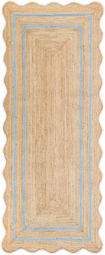 Miniatura 21 de Alfombra de Yute Natural Ondulada Festoneada - Corredor de Entrada Boho, Festón de Granja, Azul Cielo (2'x3')