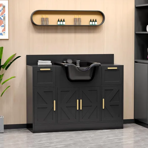 Miniatura 8 de OmySalon Cuenco de champú con gabinete, estación de lavado de cabello con cajones, grifo certificado UPC, fregadero de retrolavado de estación