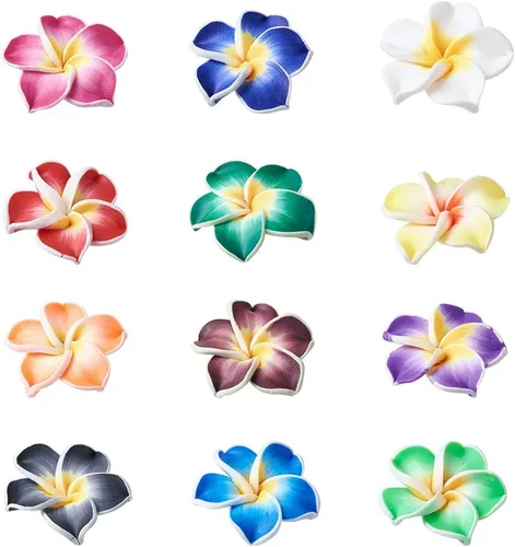 Miniatura 16 de Craftdady 200 cuentas sueltas de arcilla polimérica Plumeria Flower Spacer de 0.472 x 0.315 in, colores mezclados al azar, 5 pétalos, cuentas Flores