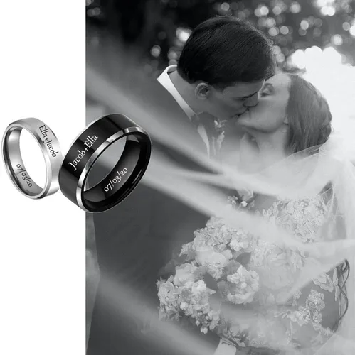 Miniatura 17 de Anillos a juego personalizados para parejas, anillos de promesa de acero inoxidable para parejas, juego con 2 anillos grabados dentro y fuera