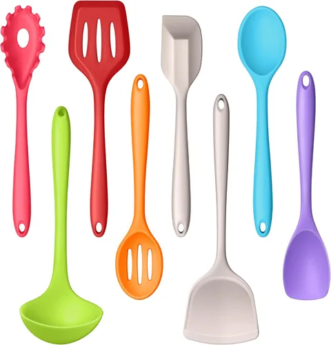 LIANYU Juego de 8 utensilios de cocina, juego de espátulas de utensilios de silicona, gadgets de cocina resistentes al calor para utensilios de