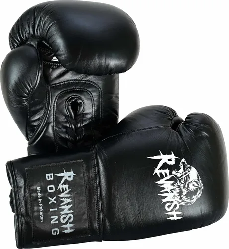 Revansh Prolace - Guantes de boxeo de piel de vacuno, unisex, entrenamiento profesional y sparring, color blanco y negro, tamaños: 12 onzas, 14