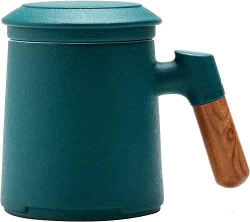 Miniatura 21 de ZENS Taza de Té de Cerámica en Relieve con Infusor y Tapa, 14.5 oz, Asa de Madera, Tazas Infusoras de Té de Hojas Sueltas y Colador para Regalos